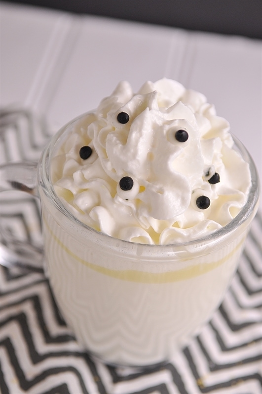 white hot chocolate whipped cream and candy eyes