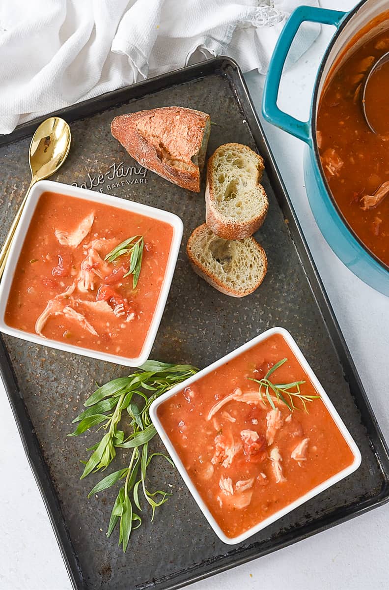 overhead shot of tarragon chicken soup