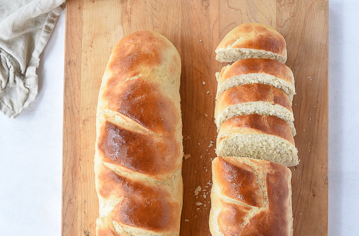 overhead shot of two loves of french bread