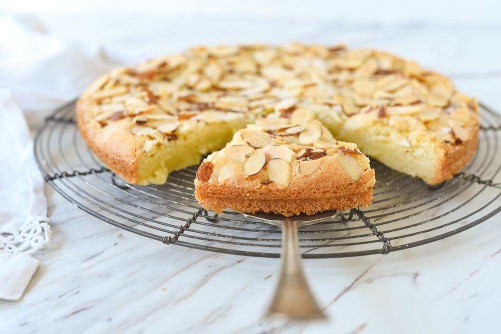 side view of slice of almond torte