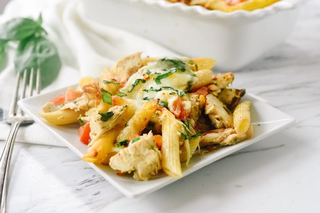 plate of pesto pasta and chicken