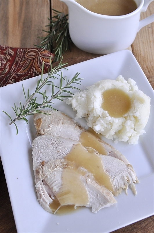 plate of slow cooker turkey and gravy