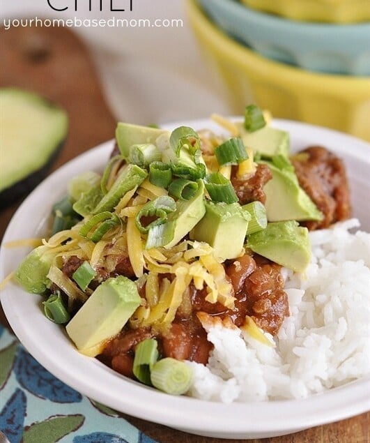 chili over rice in a bowl