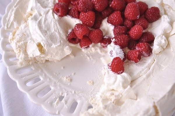 Red Raspberry Pavlova with a bite missing