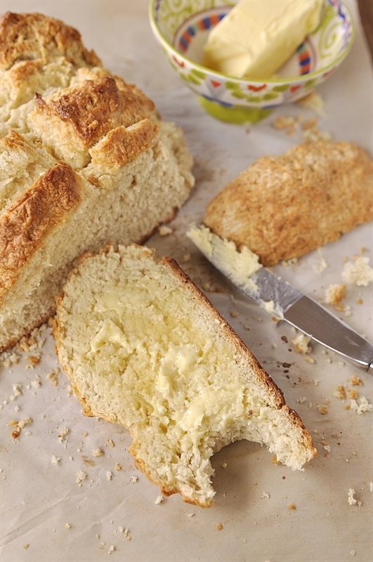 overhead shot of sliced irish soda bread