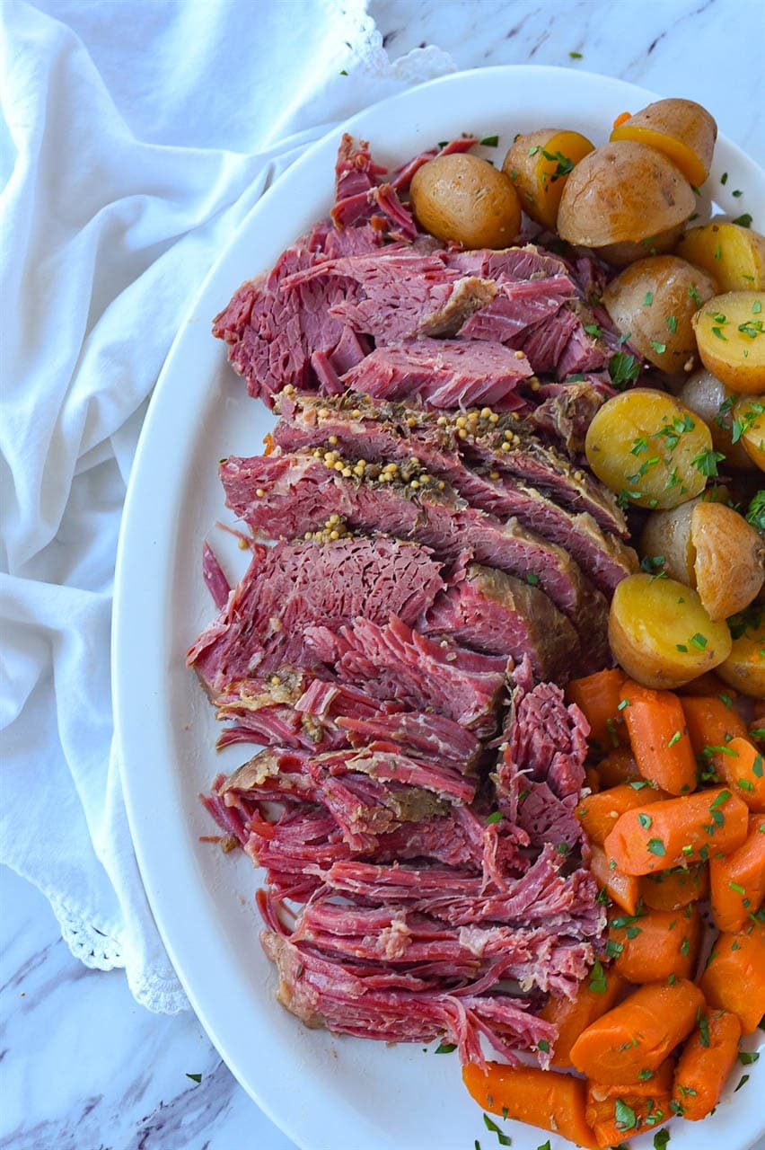 overhead shot of slow cooker corned beef