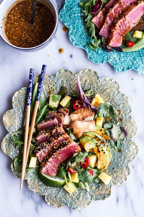 Seared Ahi Tuna Poke Salad with Hula Ginger vinaigrette + Wonton Crisps