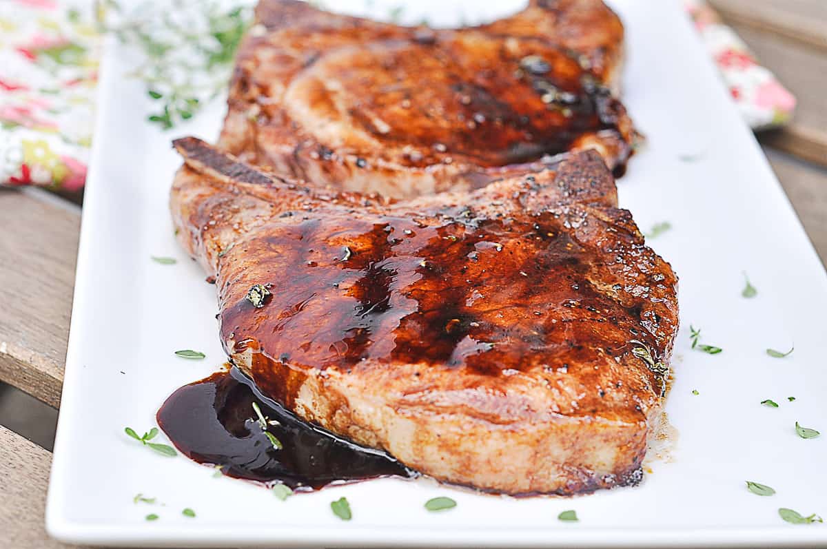 side view of a balsamic pork chop