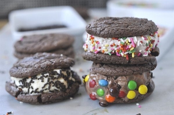 CAKE MIX COOKIE ICE CREAM SANDWICHES with different toppiongs