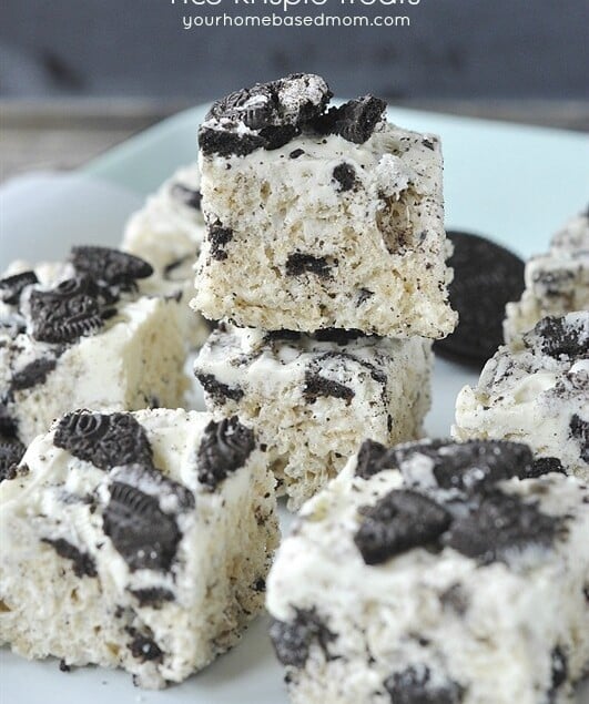 stack of cookies and cream rice krispie treats