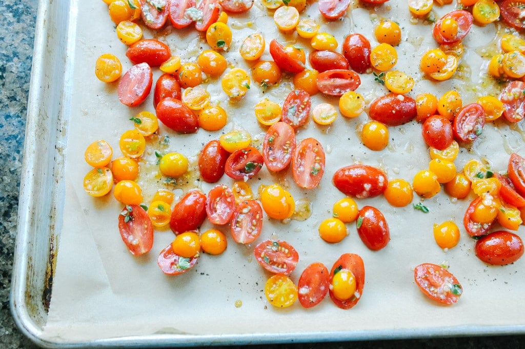 cherry tomatoes on a baking sheet