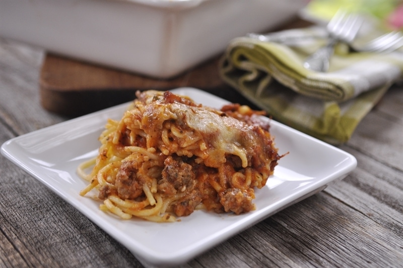 Baked Spaghetti on a white plate