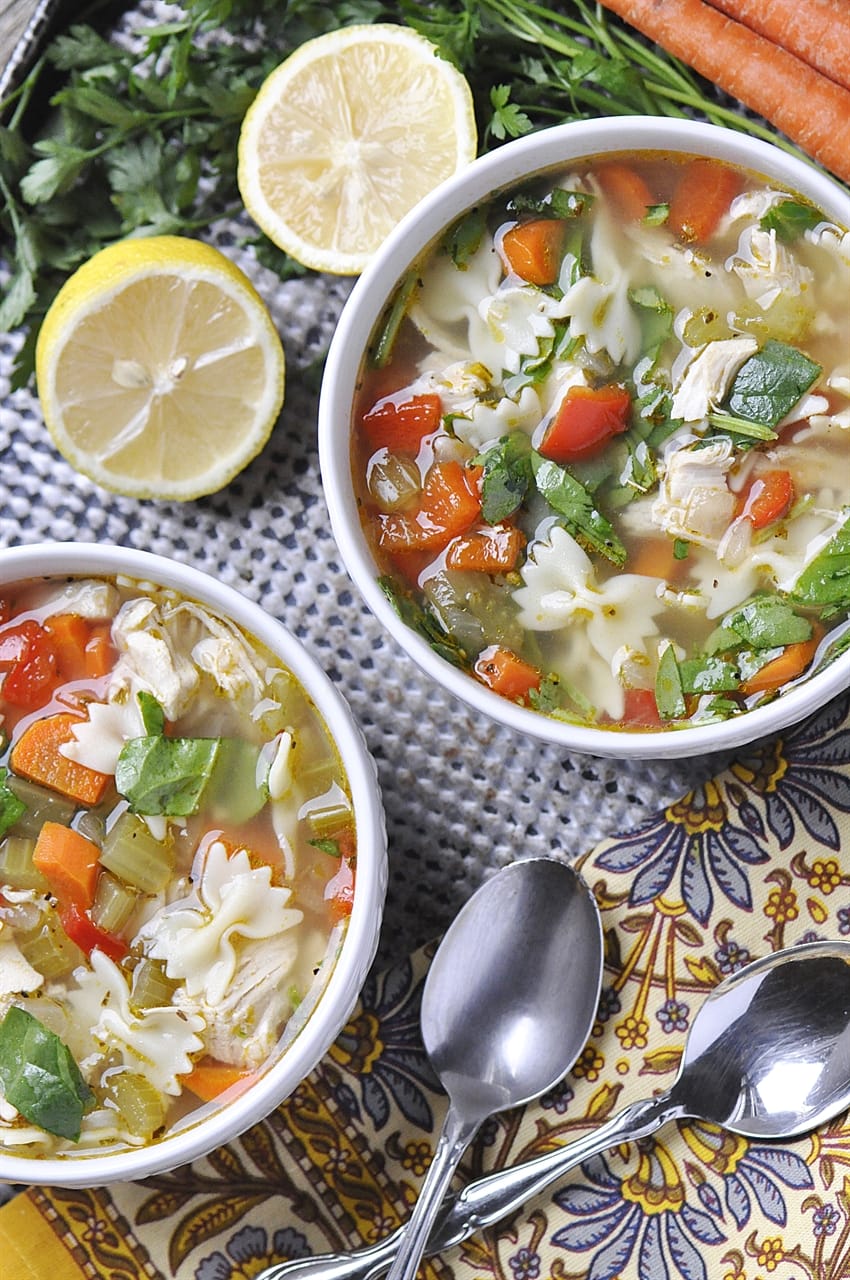 TWO BOWLS OF LEMON TURKEY SOUP using Thanksgiving Leftovers