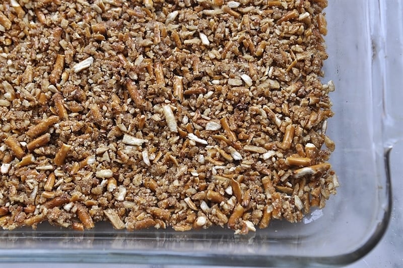 pretzel salad crushed pretzel crust in a glass pan