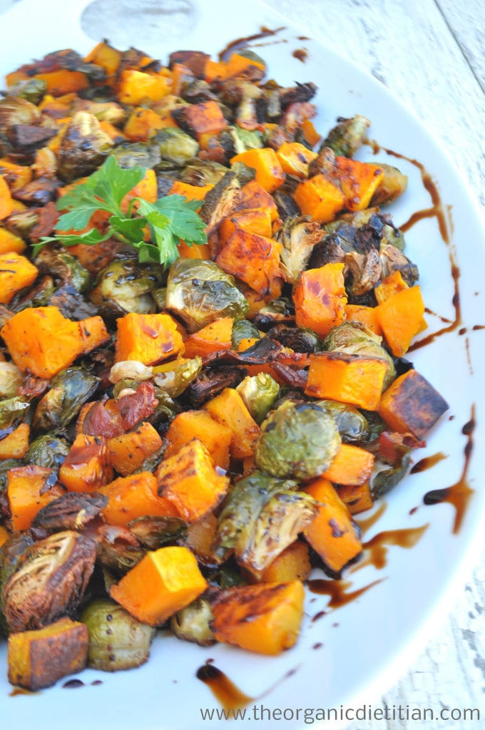 Roasted Brussel Sprouts and Butternut Squash with Balsamic Glaze