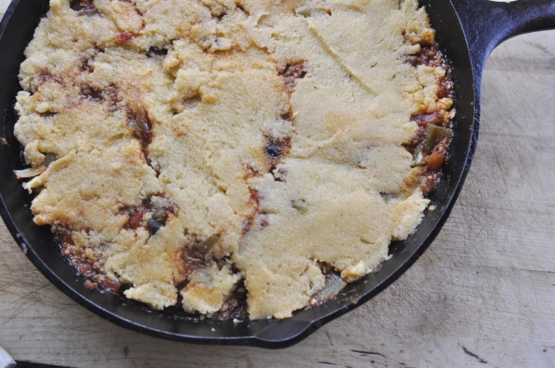 tamale pie in a cast iron skillet