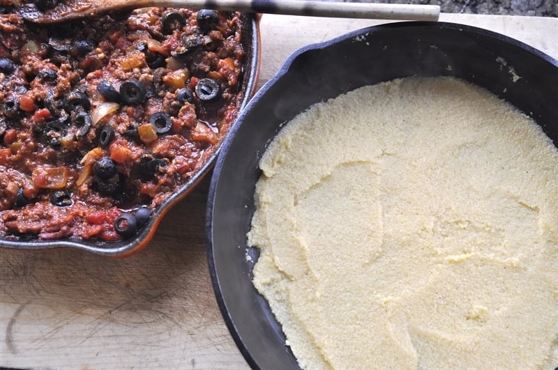 cast iron skillet with corn meal crust