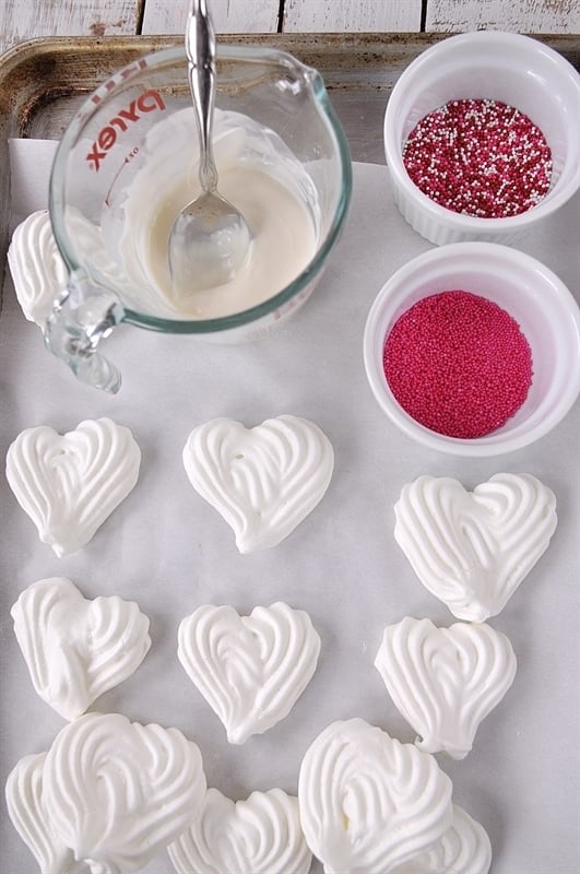 Meringue Hearts waiting to be dipped in chocolate