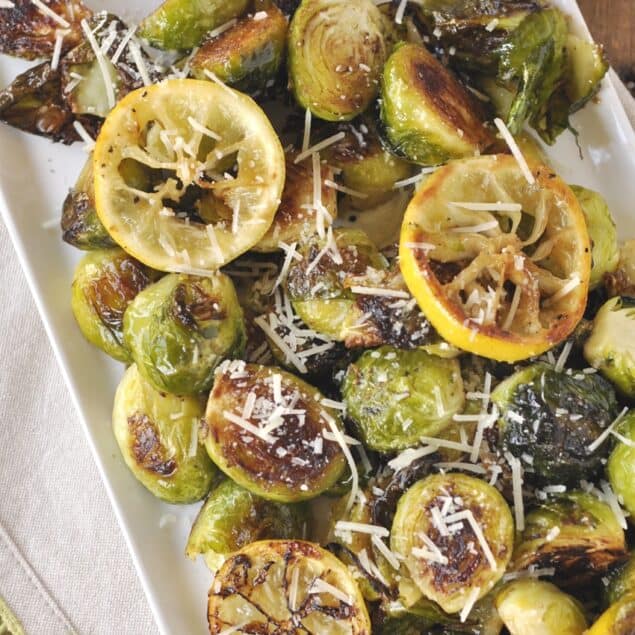 lemon roasted brussels sprouts on a platter