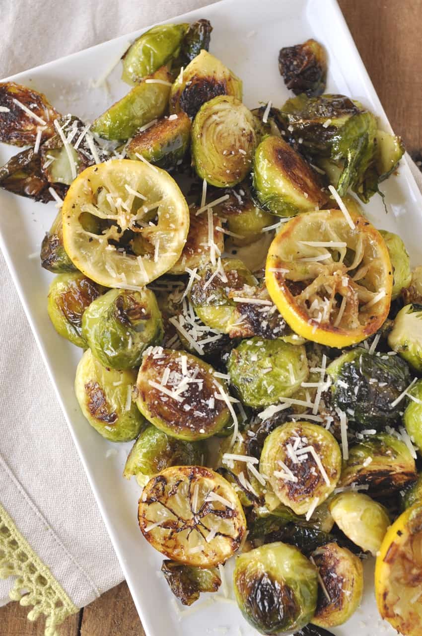 lemon roasted brussels sprouts on a platter