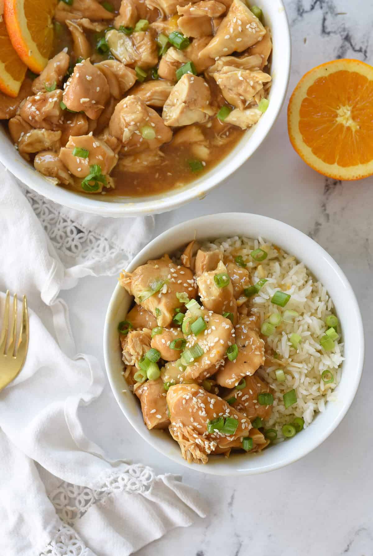 overhead shot of orange chicken and rice