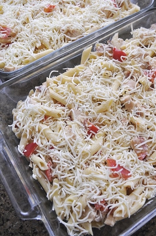 Penne Rustica in a pyrex dish ready to go in the oven