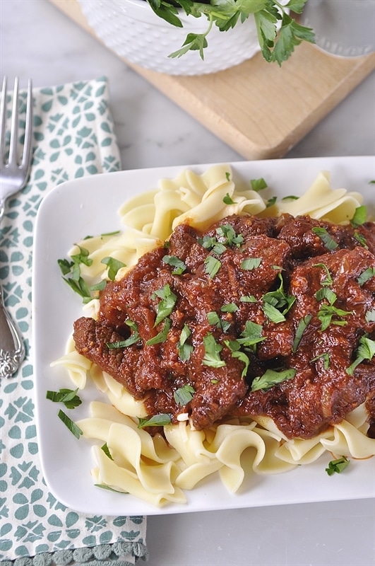 plate of Slow Cooker Beef Stroganoff