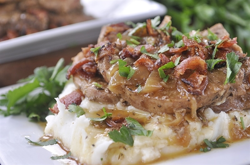 Smothered Pork Chops over mashed potatoes