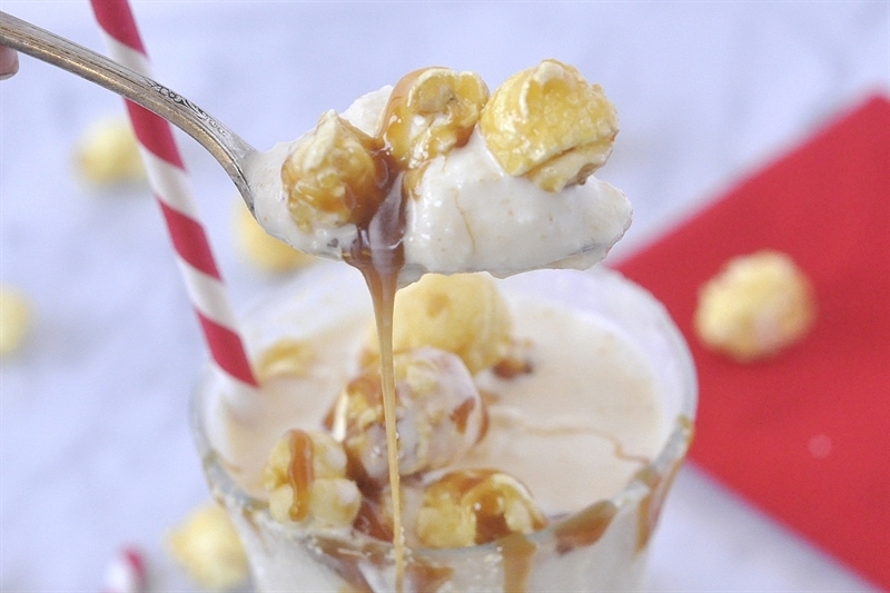 A spoonful of amazing Caramel Corn Milkshake!  @yourhomebasedmom.com