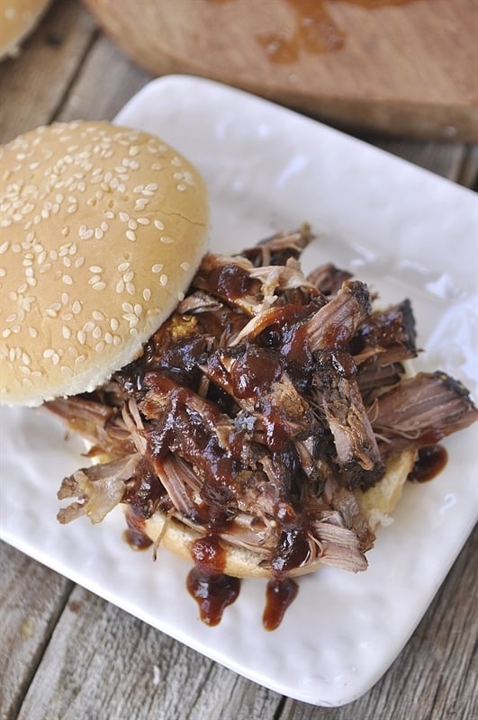 bbq beef brisket sandwich made with slow cooker brisket recipe