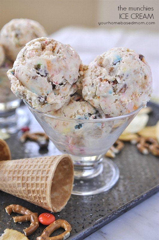 Munchies Ice Cream - full of all your favorite things to munch on. Pretzels, Potato Chips, Ritz Crackers and M & M's