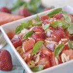 Strawberry Watermelon Orzo Salad is both pretty & delicious. A wonderful combination of flavors and textures.