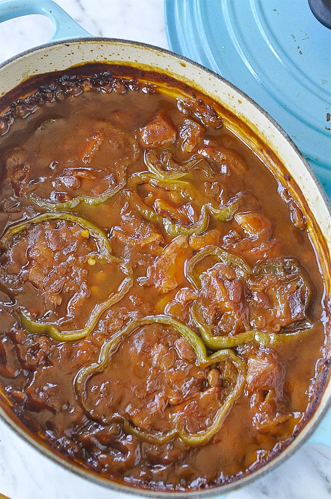 overhead shot of baked beans in a pan