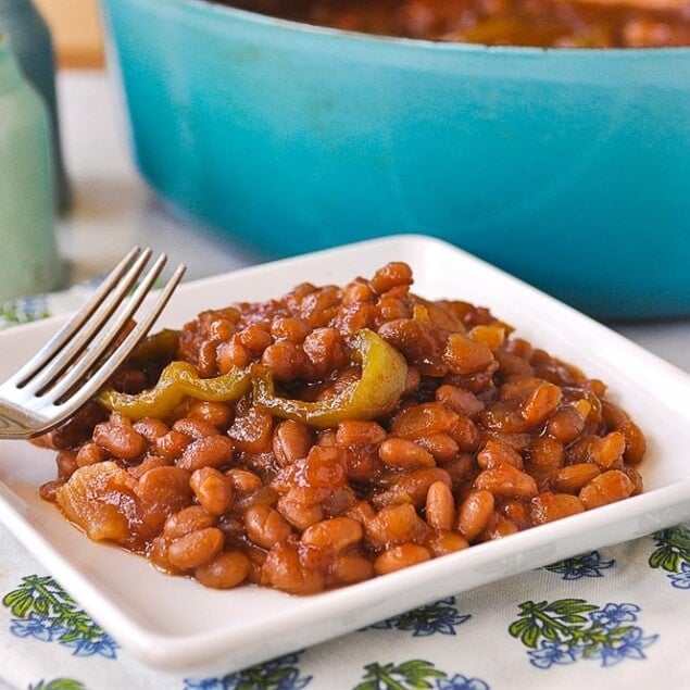 baked beans on a plate with a fork