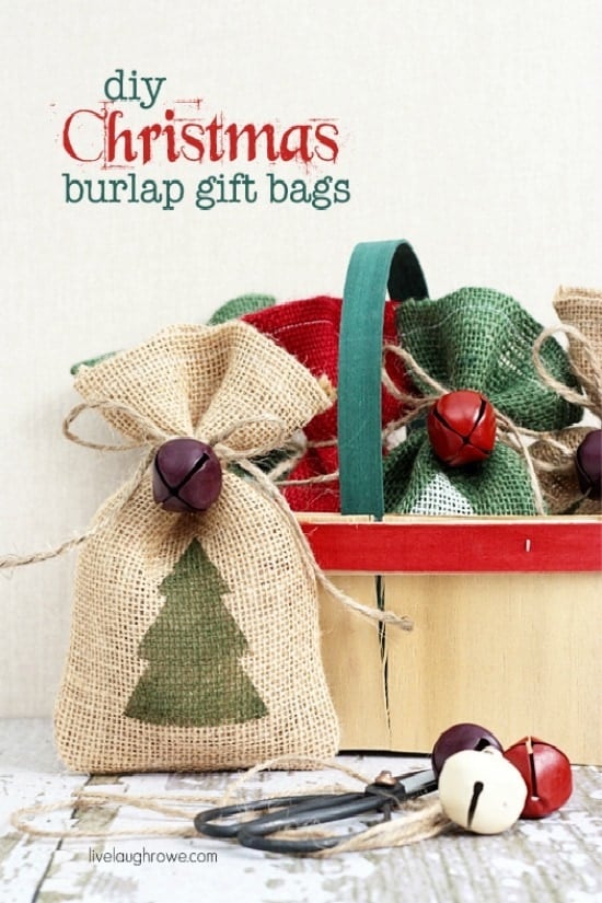 DIY Christmas burlap gift bags. Add a little flair to your gift giving this year with these handmade burlap bags! Tutorial at livelaughrowe.com