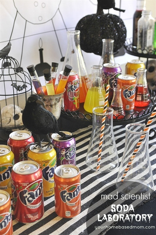 Mad Scientist Soda Laboratory Man Scientist Soda Laboratory will be a huge hit at your Halloween party. Let the kids create their own soda concotion.