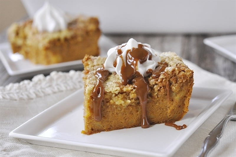 Pumpkin Pie Cake with caramel sauce