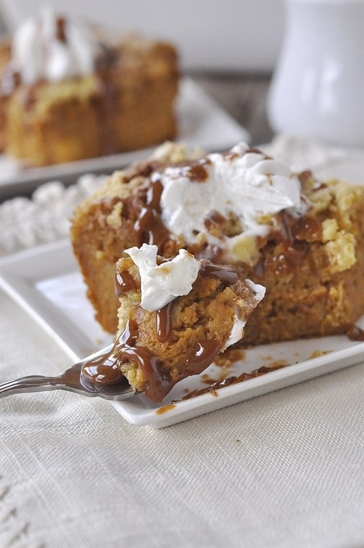 Pumpkin Pie Cake with caramel sauce and whipped cream