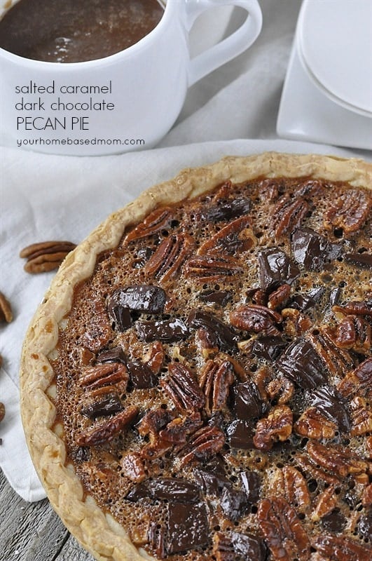 overhead shot of chocolate pecan pie
