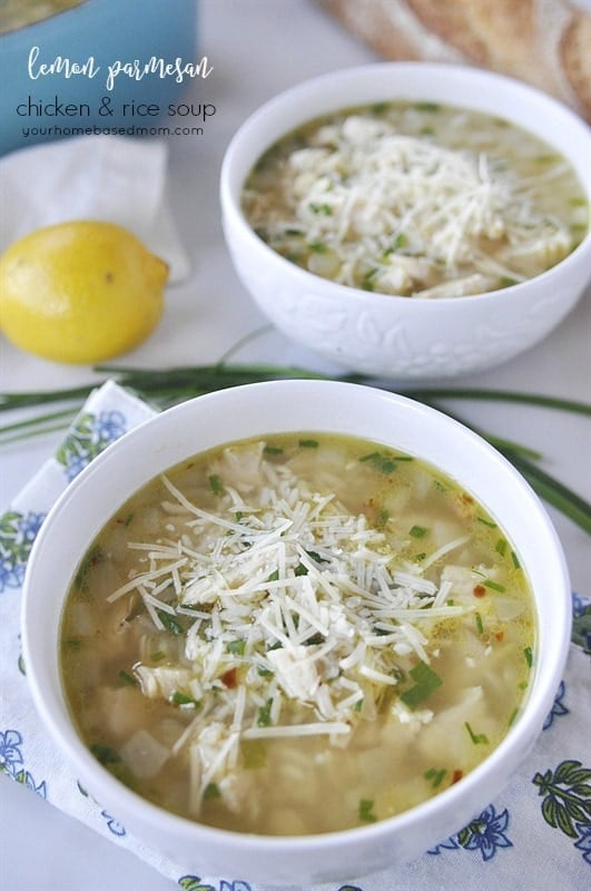 Lemon Chicken and Rice Soup topped with parmesan cheese