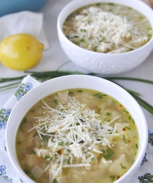 two bowls of chicken and rice soup