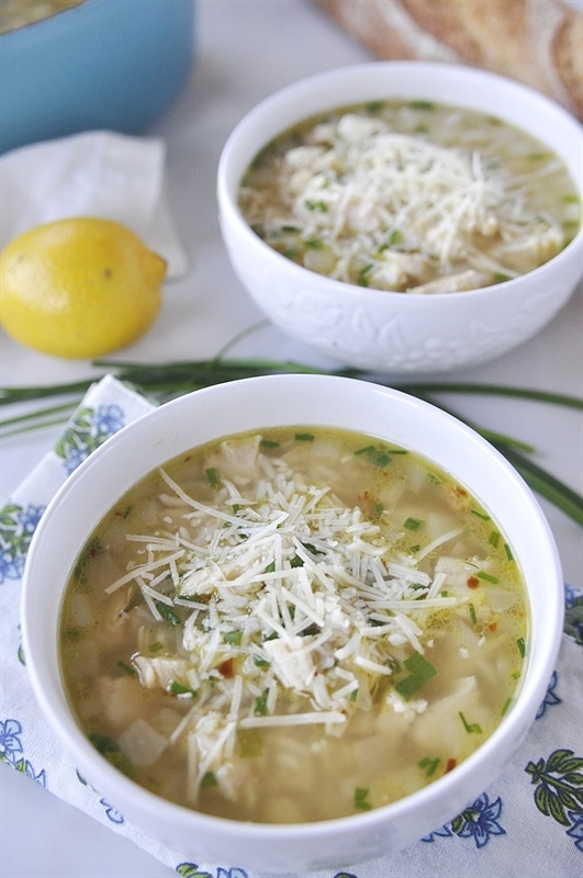 two bowls of chicken and rice soup