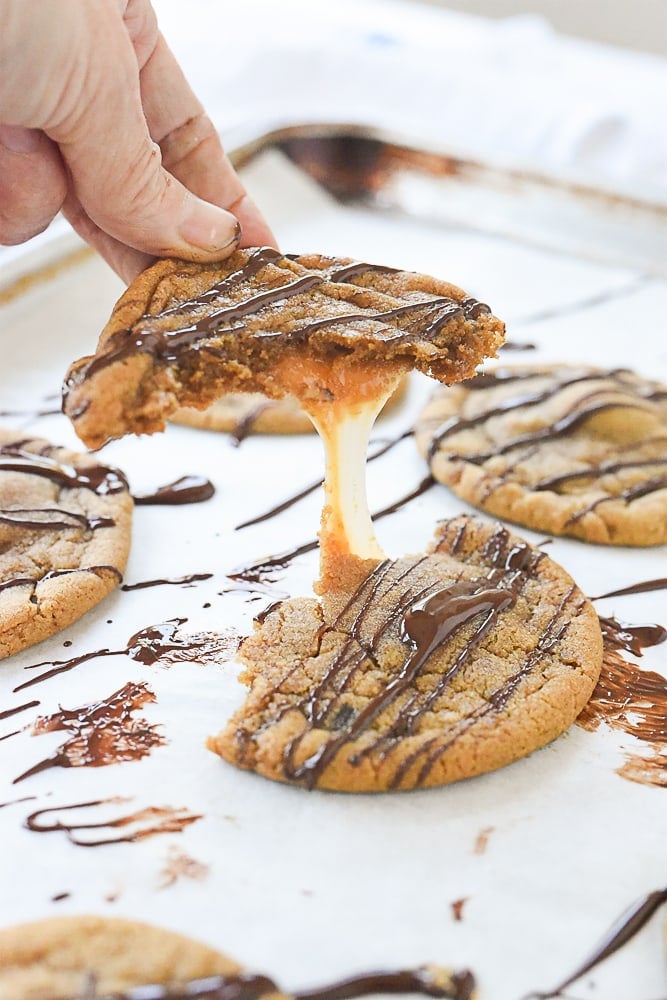 caramel oozing out of cookie