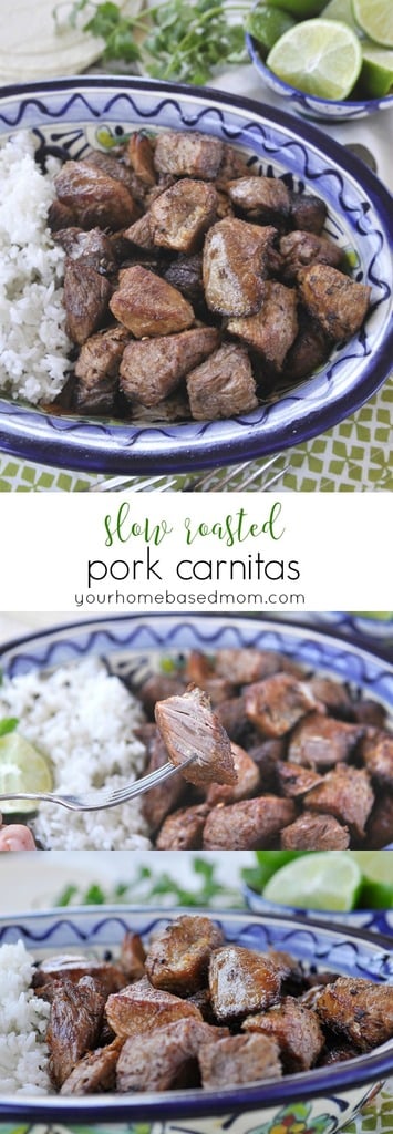 Tender and juicy pork carnitas, slow roasted to perfection in the oven .
Slow roasted pork carnitas are full of amazing flavor. We us this tender and juicy pork for tacos, burritos or served over rice.