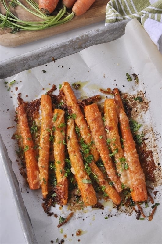 sheet pan of Parmesan Roasted Carrots