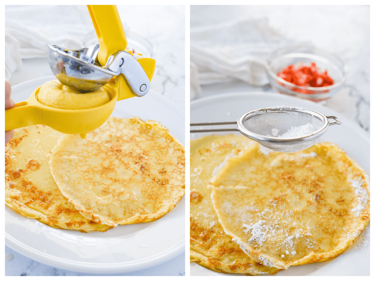 adding lemon juice and sugar to swedish pancakes