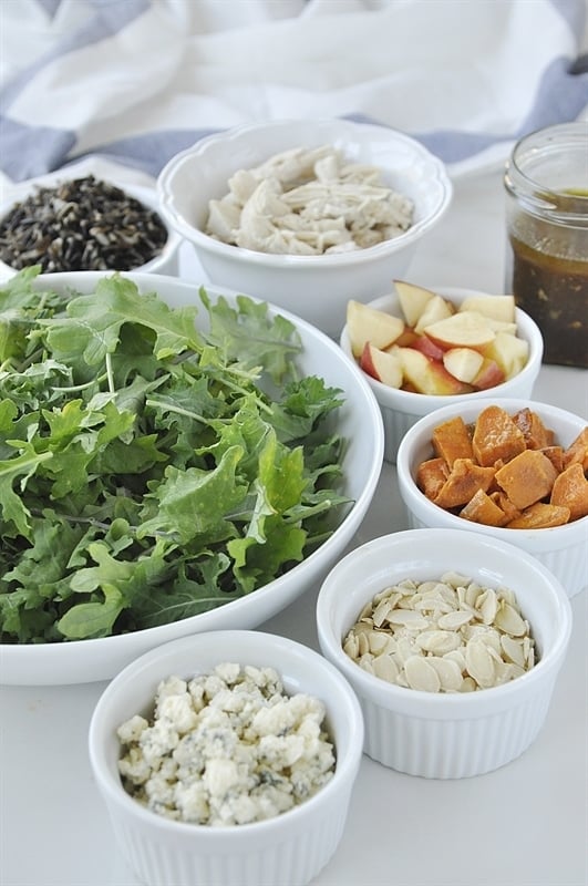 Harvest Bowl Salad ingredients arugula chicken applesalmonds blue cheese butternut squash