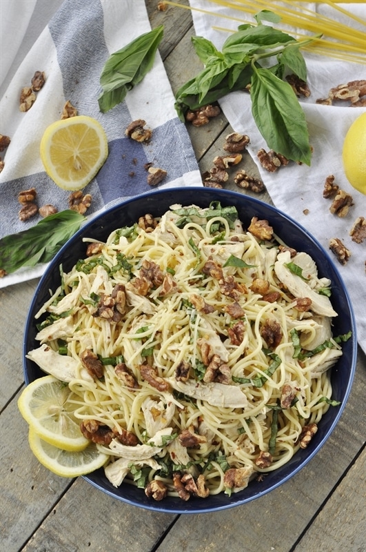 lemon pasta with chicken basil and toasted walnuts