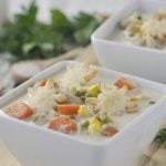 Slow Cooker Chicken Pot Pie Soup in a white bowl