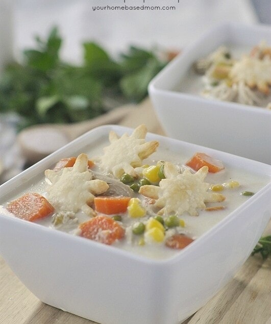 Slow Cooker Chicken Pot Pie Soup in a white bowl